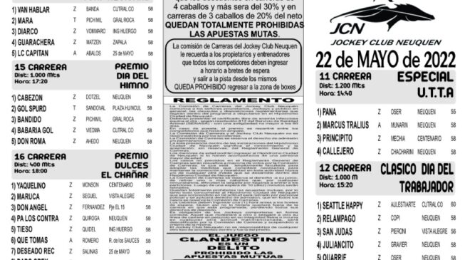 Programa Provisorio del Jockey Club Neuquén, se corre este 22 de Mayo