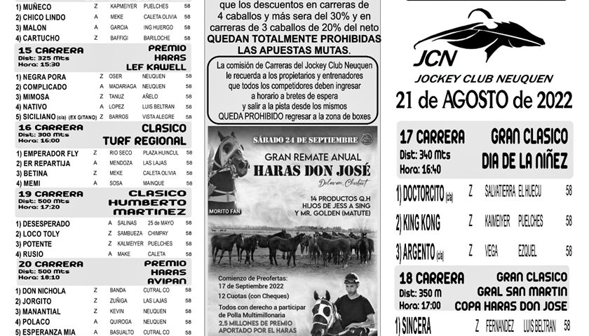 Programa Oficial del Jockey Club Neuquén, domingo 21 de Agosto