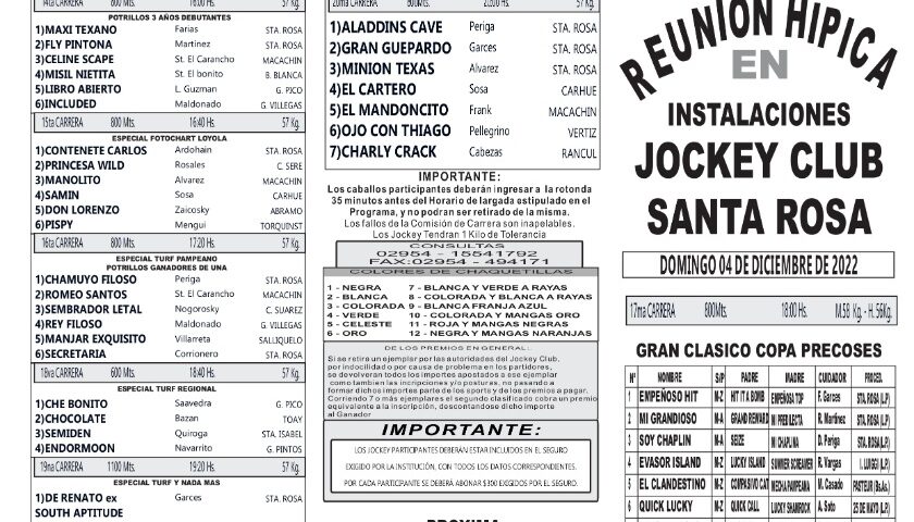 Programa del Jockey Club Santa Rosa para este domingo 4 de Diciembre