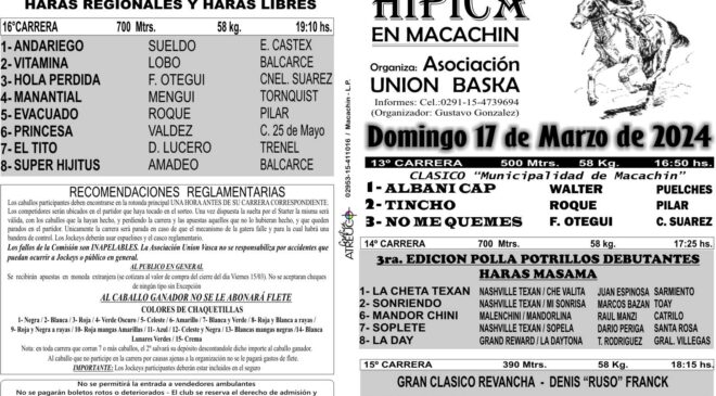 Resultados de la Asoc. Unión Baska Macachin, Domingo 17 de Marzo. Se corre una nueva Edición de la Super Polla “Haras Masama”